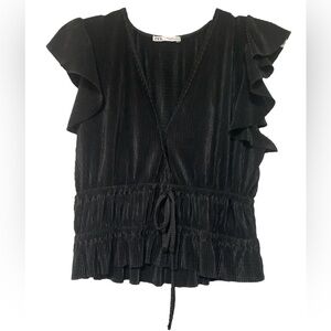 ZARA Black Shiny Tie Front Ruffle Short Sleeve Blouse - Size L